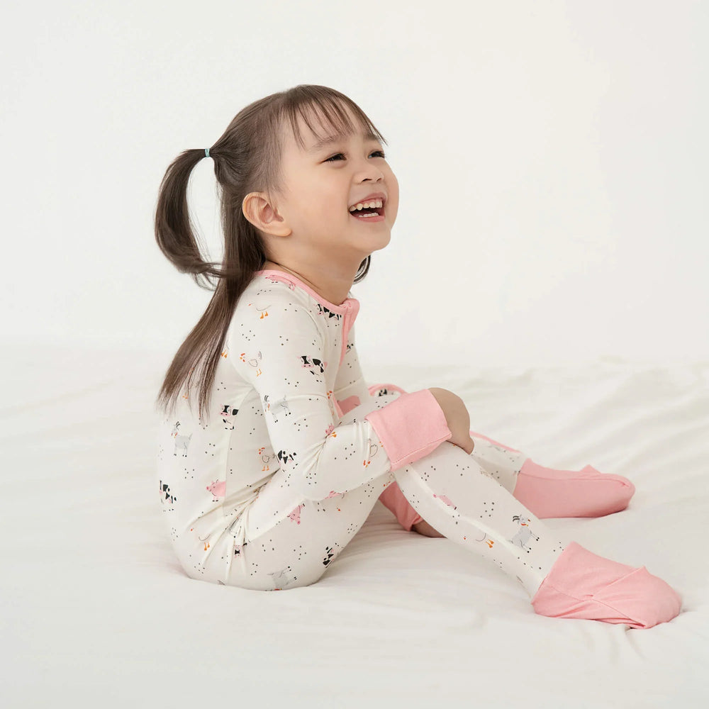 Pink Sleepy Farm Animals Convertible Zippered Romper - Zumbamboo