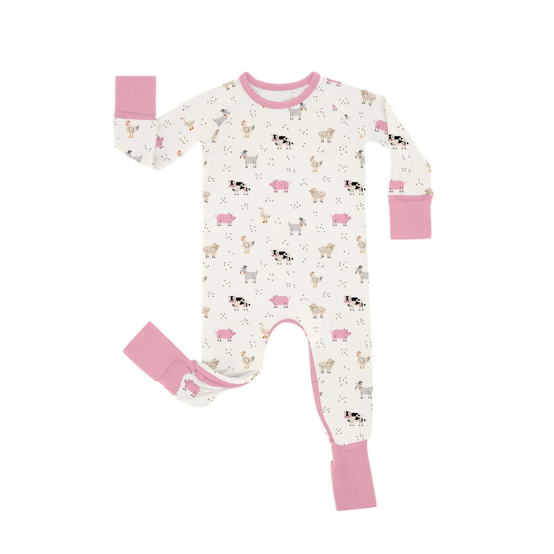 Pink Sleepy Farm Animals Crescent Zippered Romper - Zumbamboo