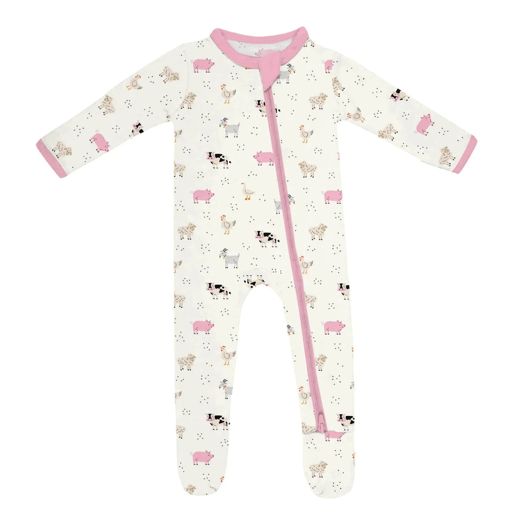 Pink Sleepy Farm Animals Footie Zippered Romper - Zumbamboo