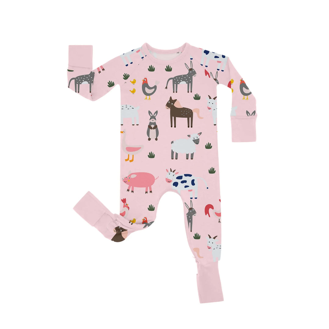 Pink Farm Animals Crescent Zippered Romper , Pink Farm Animals Crescent Zippered Romper - Newborn