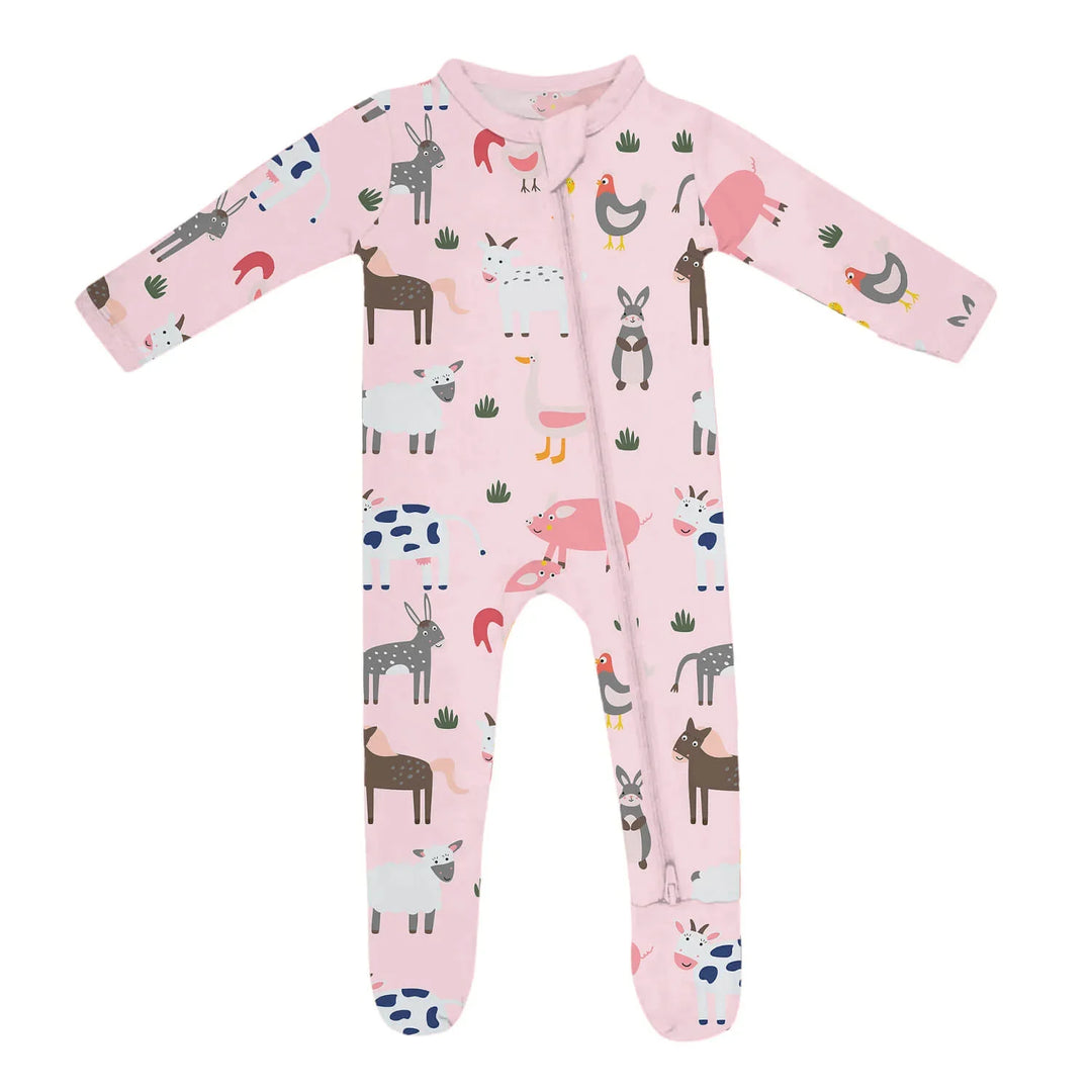 Pink Farm Animals Zippered Footie Romper , Pink Farm Animals Zippered Footie Romper - Newborn