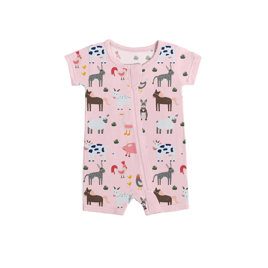 Pink Farm Animals Shorty Zippered Romper , Pink Farm Animals Shorty Zippered Romper - 0-3M
