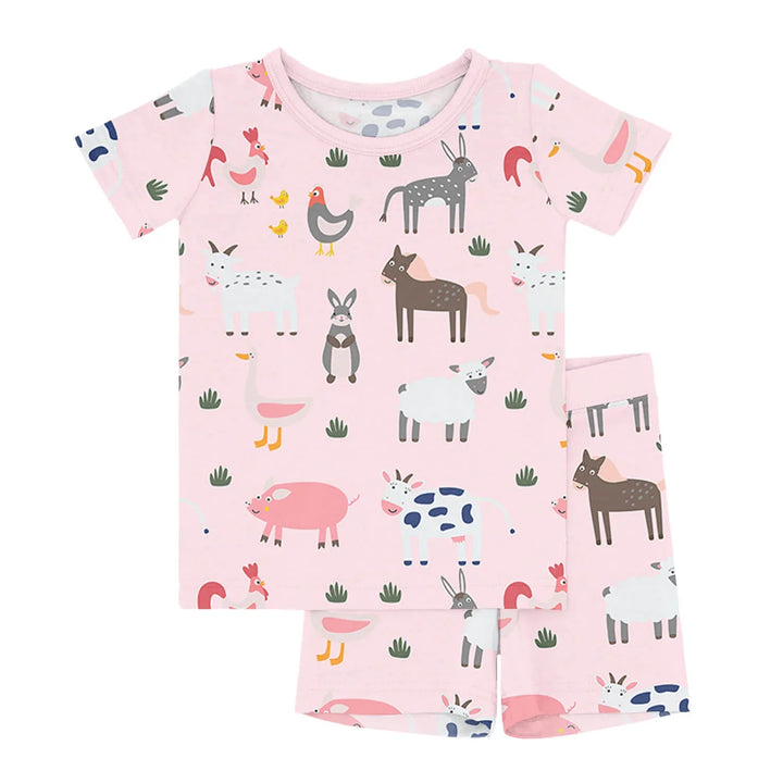 Pink Farm Animals Two Piece Short Sleeve Shorts Pajama Set , Pink Farm Animals Two Piece Short Sleeve Shorts Pajama Set - 12-18M