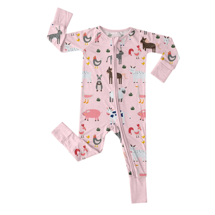 Pink Farm Animals Convertible Zippered Romper , Pink Farm Animals Convertible Zippered Romper - 0-3M