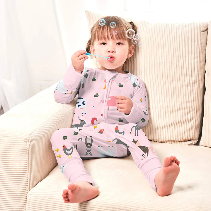 Pink Farm Animals Convertible Zippered Romper , Pink Farm Animals Convertible Zippered Romper - 0-3M