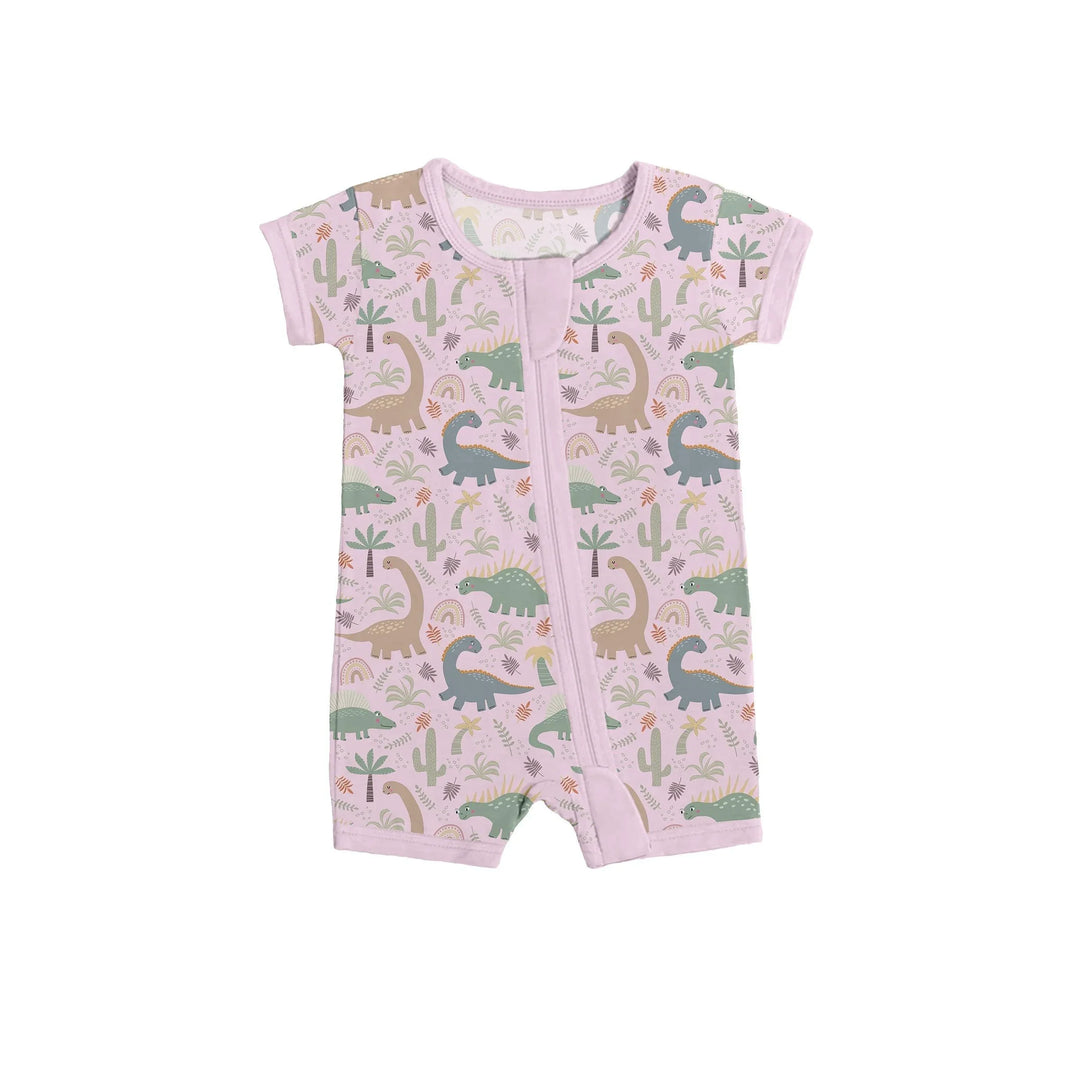 Pink Jurassic Jungle Shorty Zippered Romper , Pink Jurassic Jungle Shorty Zippered Romper - 0-3M