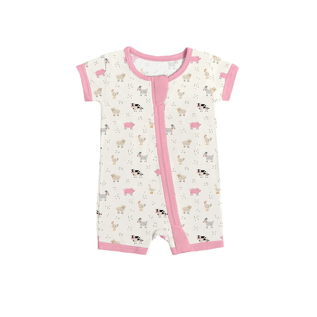 Pink Sleepy Farm Animals Shorty Zippered Romper , Pink Sleepy Farm Animals Shorty Zippered Romper - 0-3M