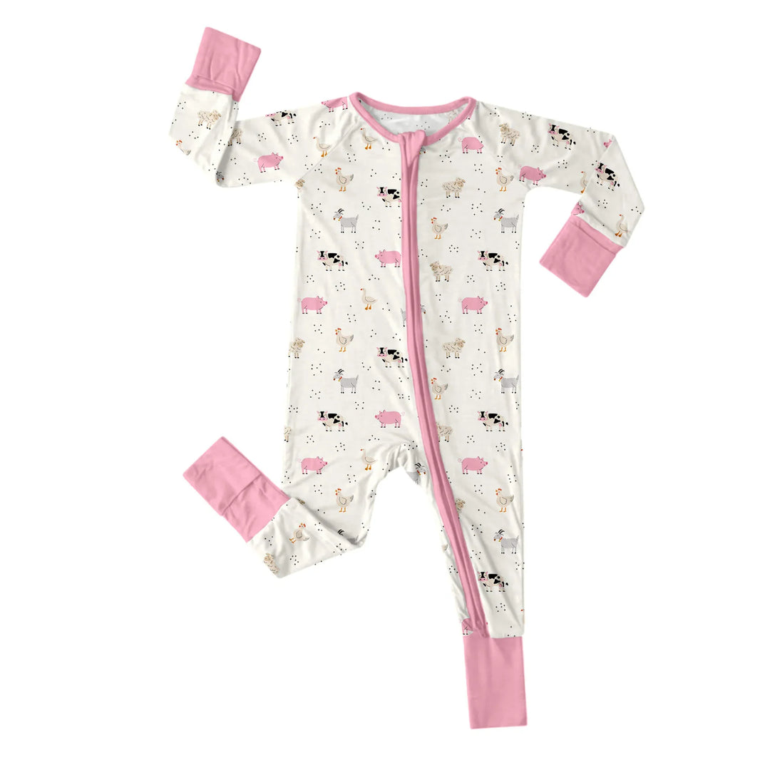 Pink Sleepy Farm Animals Convertible Zippered Romper , Pink Sleepy Farm Animals Convertible Zippered Romper - Newborn