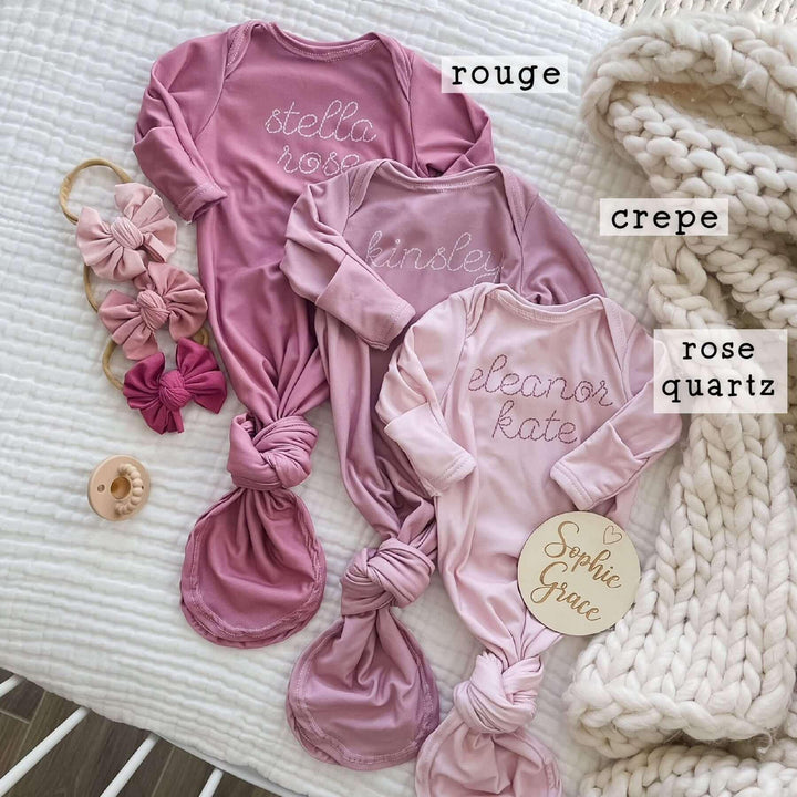 Personalized Stitched Baby Name Knot Gown , Personalized Stitched Baby Name Knot Gown - Rouge