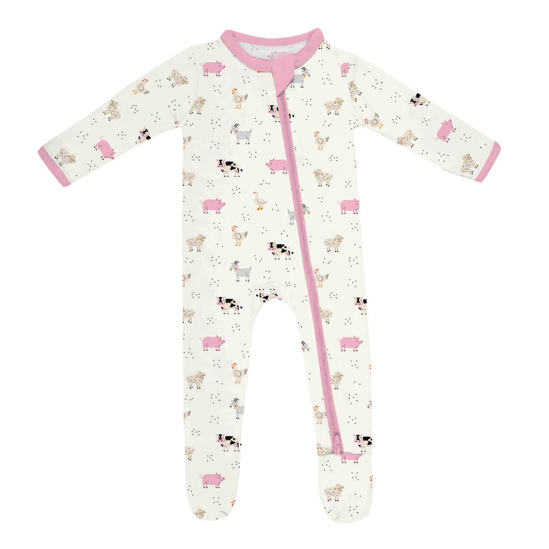 Rosafarbener Strampler mit Füßlingen und Reißverschluss „Sleepy Farm Animals“