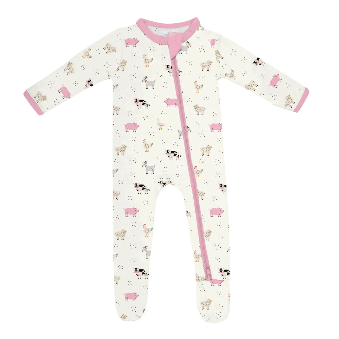 Pink Sleepy Farm Animals Footie Zippered Romper , Pink Sleepy Farm Animals Footie Zippered Romper - Newborn