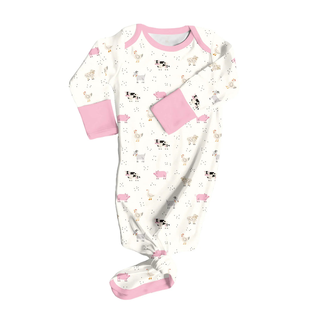Rosa Kleid mit Knotenmotiv „Sleepy Farm Animals“