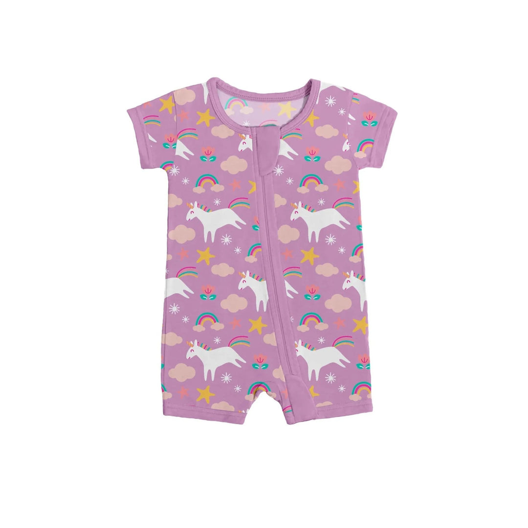 Purple Unicorns Shorty Zippered Romper - Zumbamboo