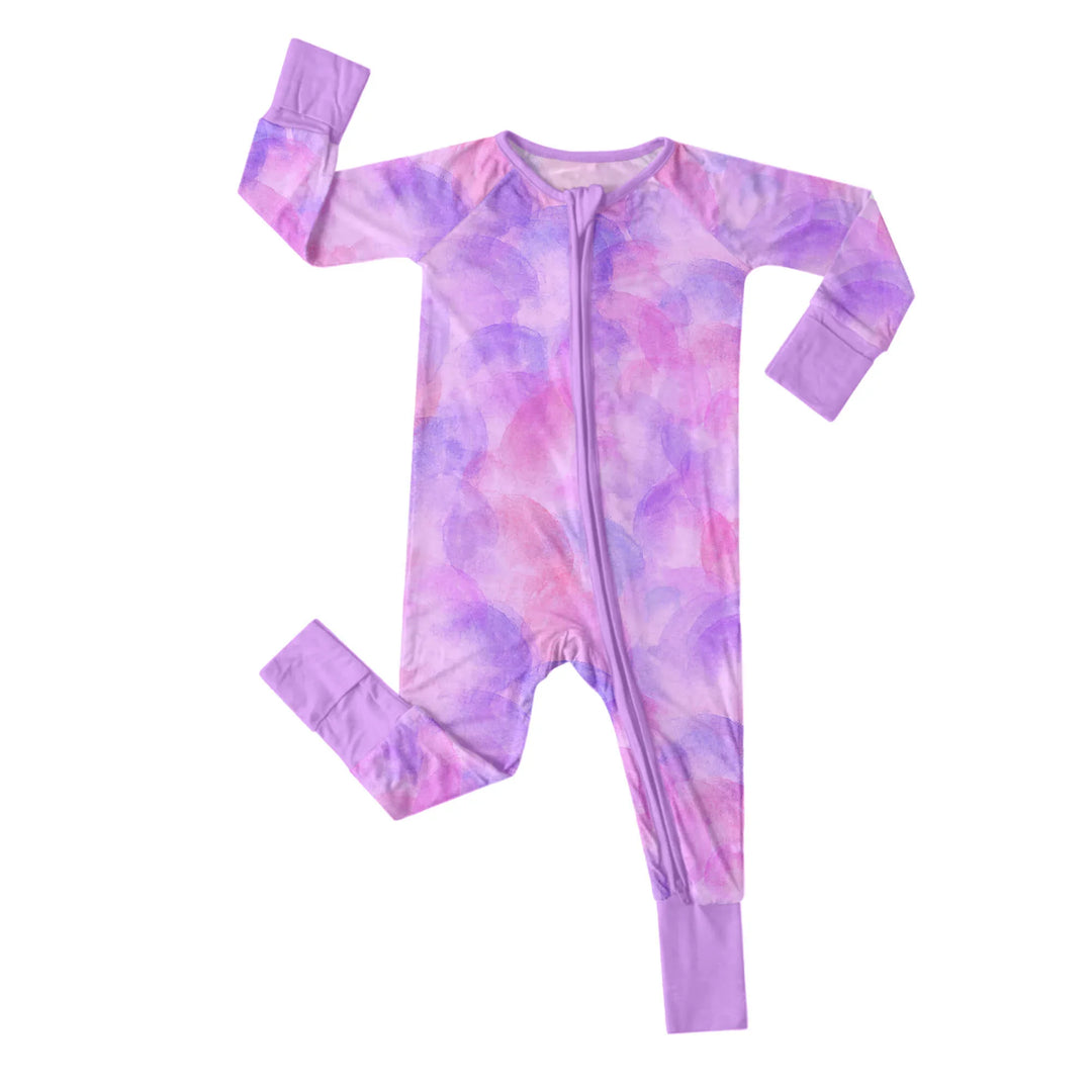 Purple Watercolor Convertible Zippered Romper , Purple Watercolor Convertible Zippered Romper - Newborn