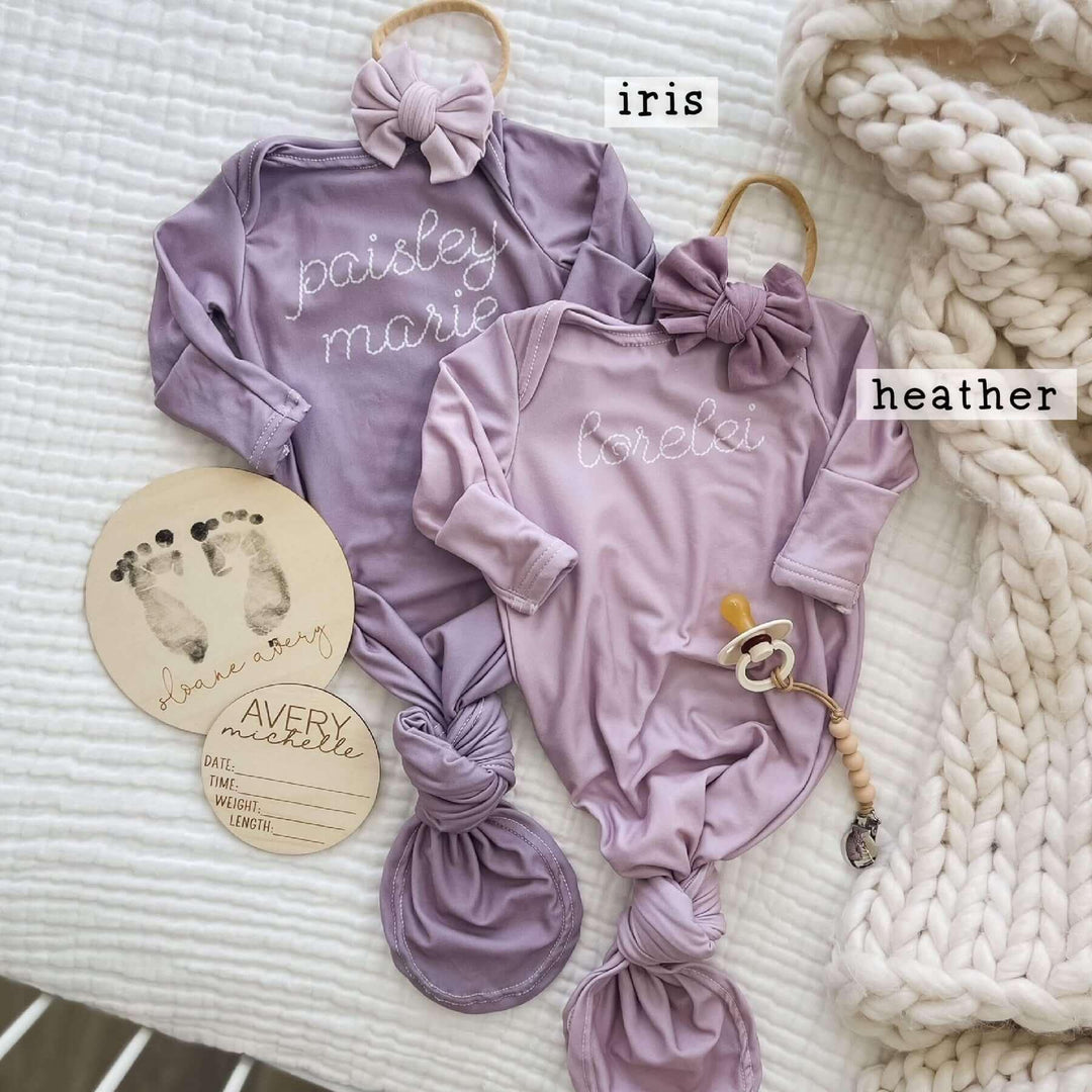 Personalized Stitched Baby Name Knot Gown , Personalized Stitched Baby Name Knot Gown - Iris