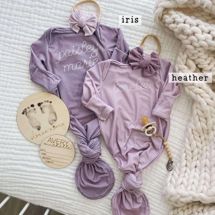 Personalized Stitched Baby Name Knot Gown , Personalized Stitched Baby Name Knot Gown - Iris