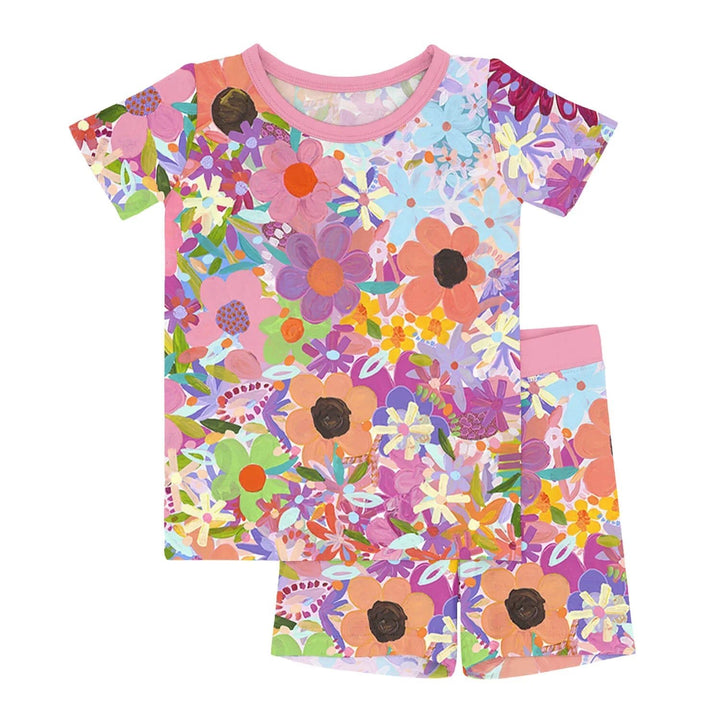 Rainbow Blooms Two Piece Short Sleeve Shorts Pajama Set - Zumbamboo