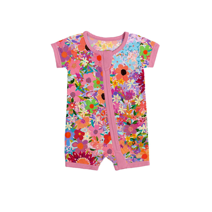 Rainbow Blooms Shorty Zippered Romper , Rainbow Blooms Shorty Zippered Romper - 0-3M