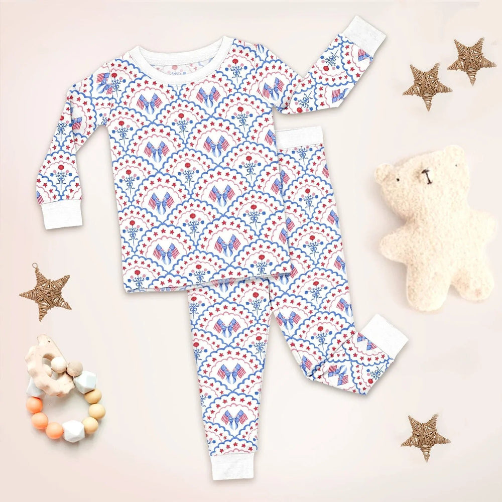 Red White and Blue Scalloped Two Piece Long Sleeve Pajama Set - Zumbamboo
