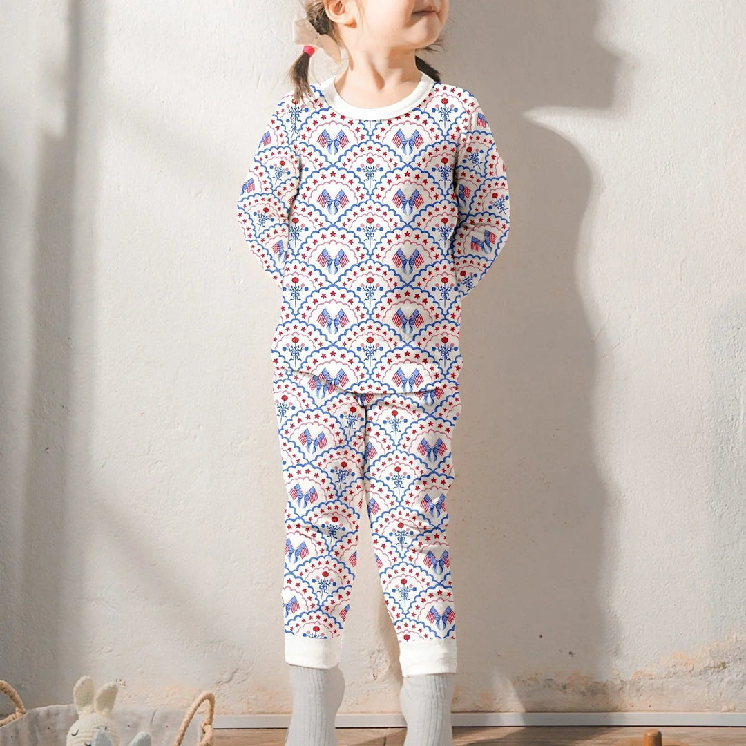 Red White and Blue Scalloped Two Piece Long Sleeve Pajama Set - Zumbamboo