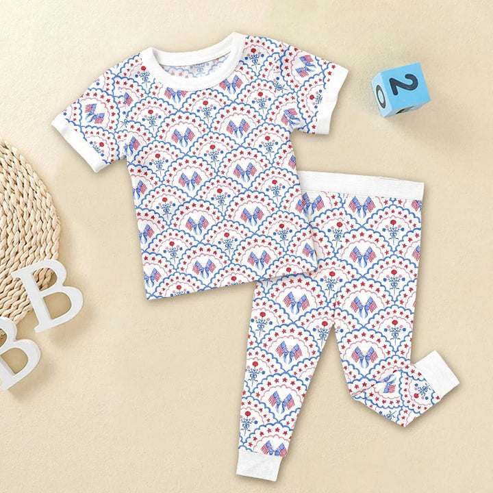 Red White and Blue Scalloped Two Piece Short Sleeve Pajama Set - Zumbamboo