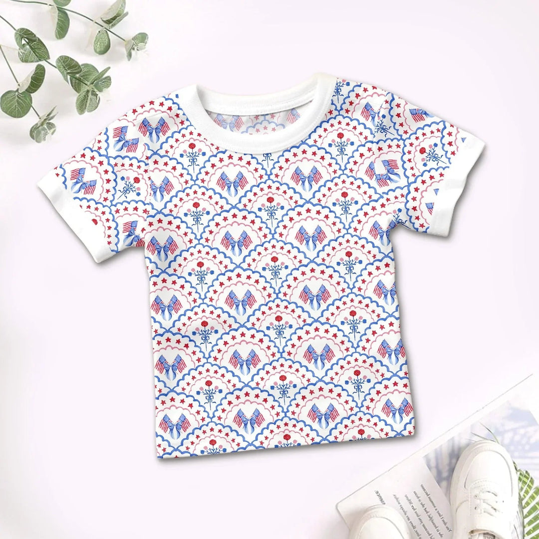 Red White and Blue Scalloped Two Piece Short Sleeve Pajama Set - Zumbamboo