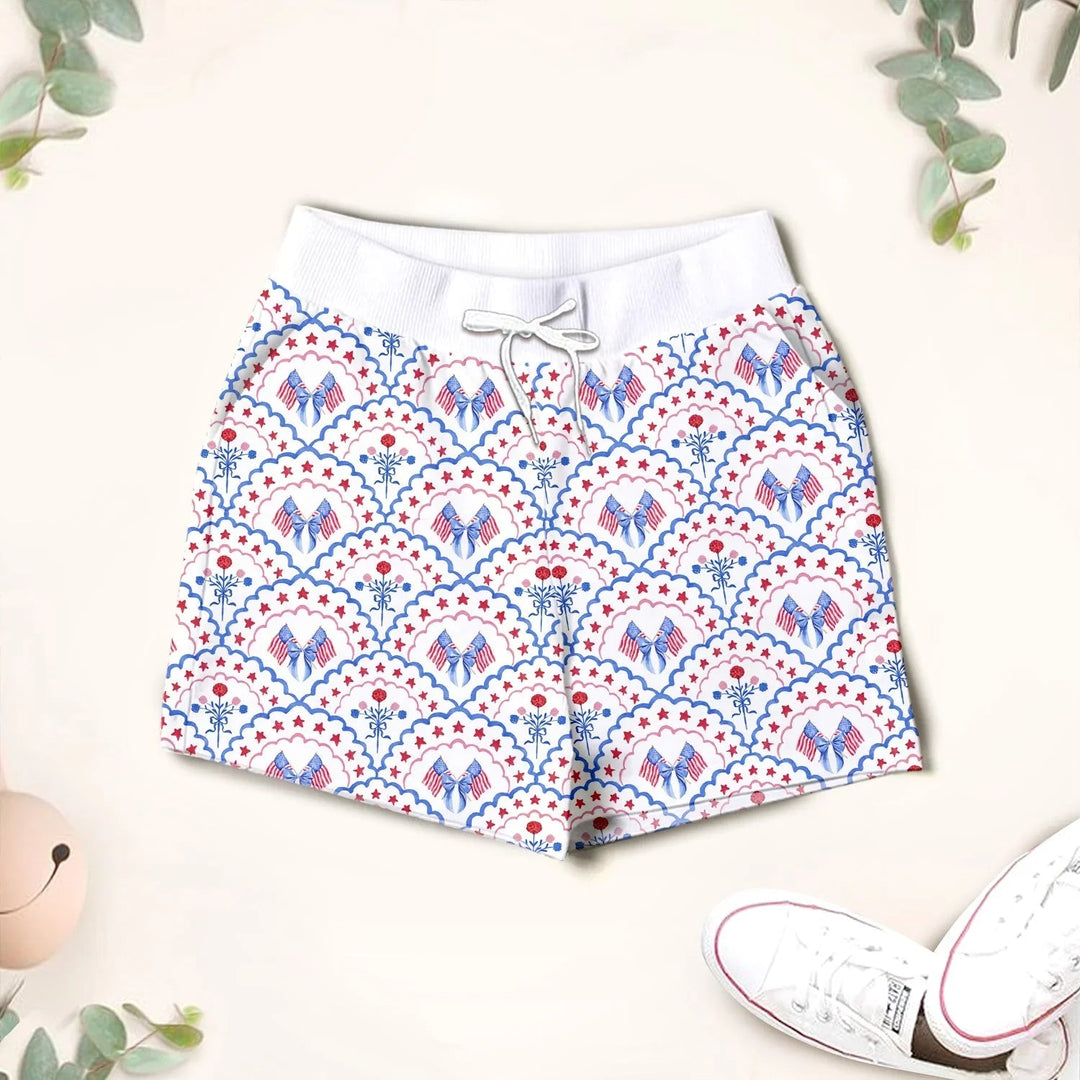 Red White and Blue Scalloped Two Piece Short Sleeve Shorts Pajama Set - Zumbamboo