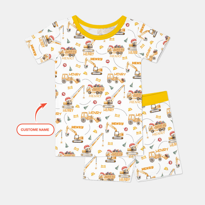 Santa's Little Builders Custom Name Two Piece Short Sleeve Shorts Pajama Set