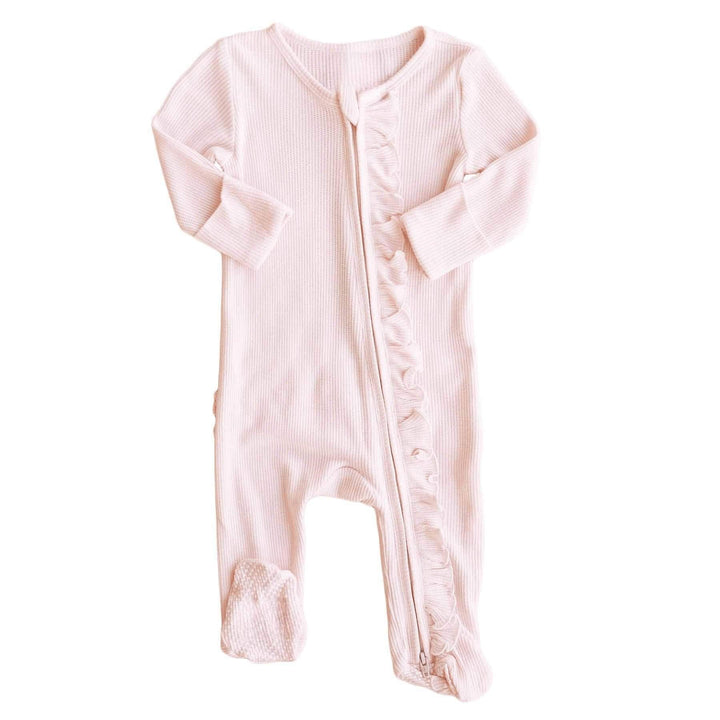 Waffle Zipper Ruffle Footie , Waffle Zipper Ruffle Footie - Pearl Pink / Newborn