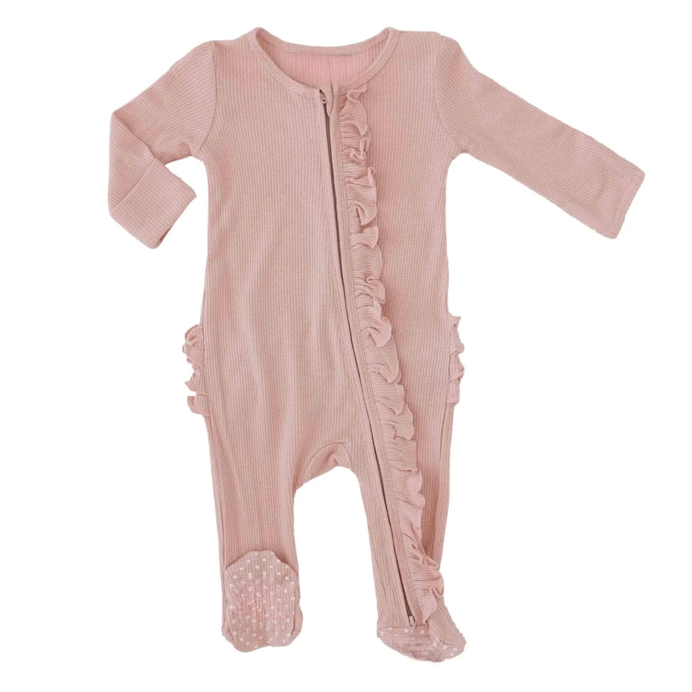 Waffle Zipper Ruffle Footie , Waffle Zipper Ruffle Footie - Lovely Pink / Newborn