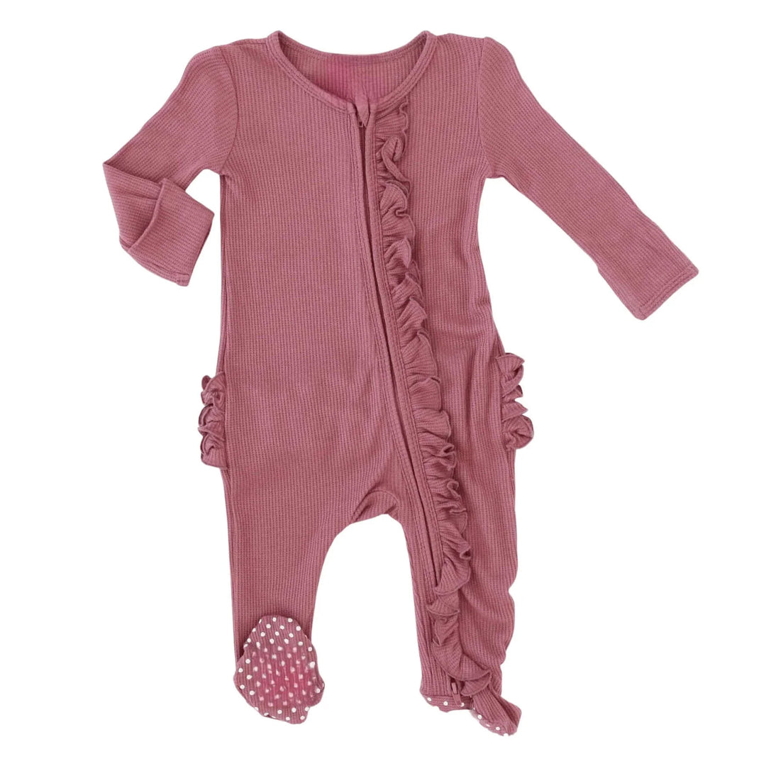 Waffle Zipper Ruffle Footie , Waffle Zipper Ruffle Footie - Boysenberry / Newborn