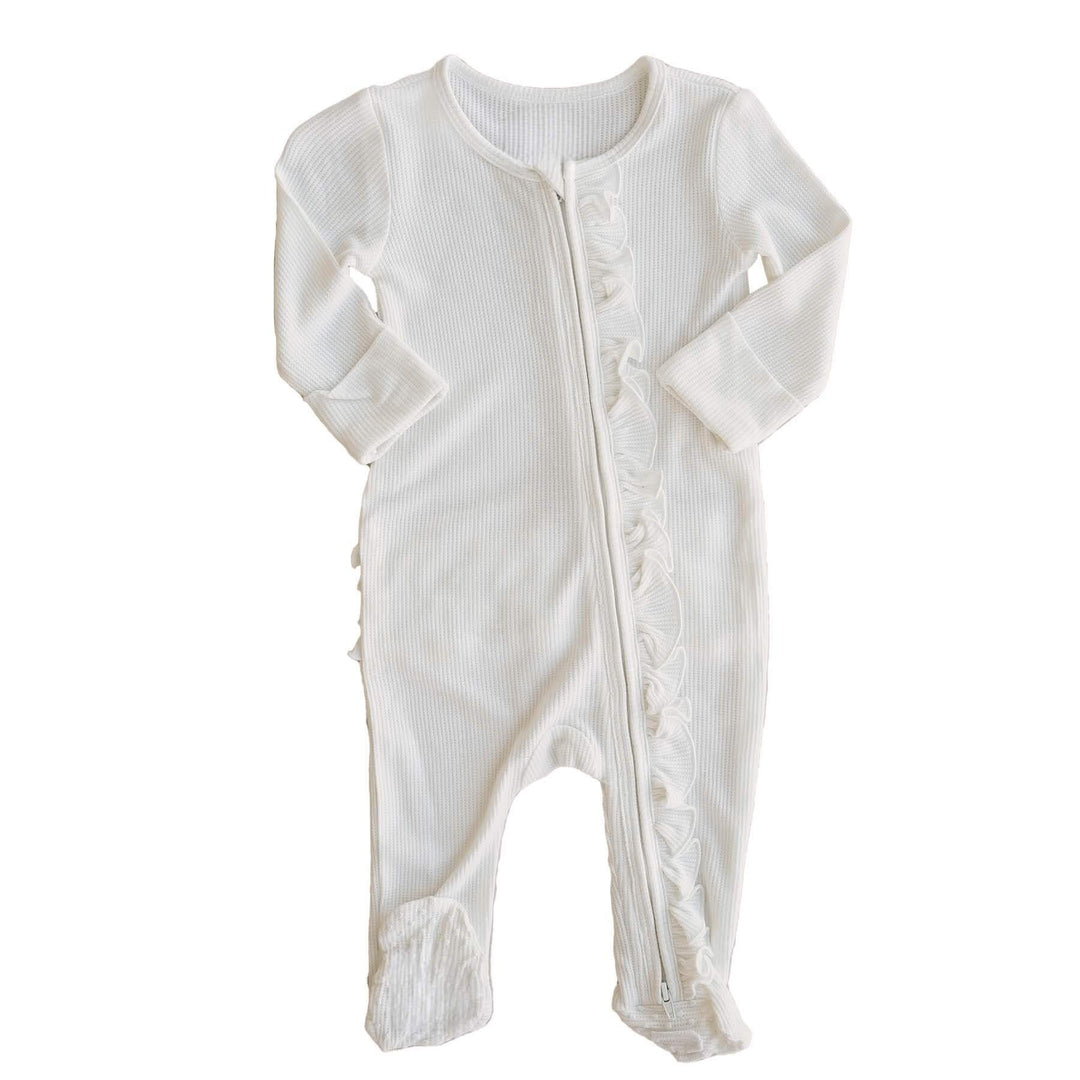 Waffle Zipper Ruffle Footie , Waffle Zipper Ruffle Footie - White / Newborn