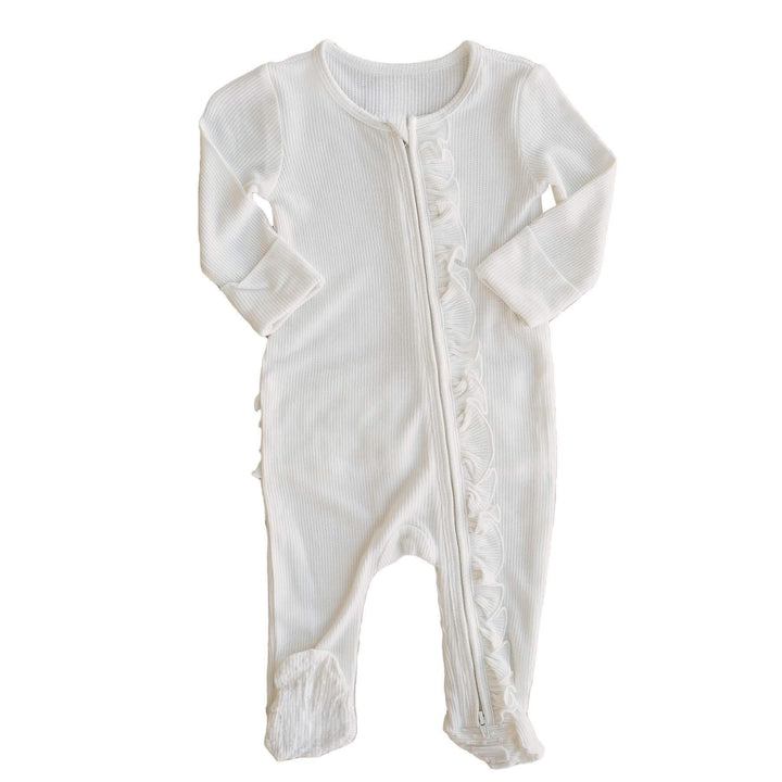 Waffle Zipper Ruffle Footie , Waffle Zipper Ruffle Footie - White / Newborn