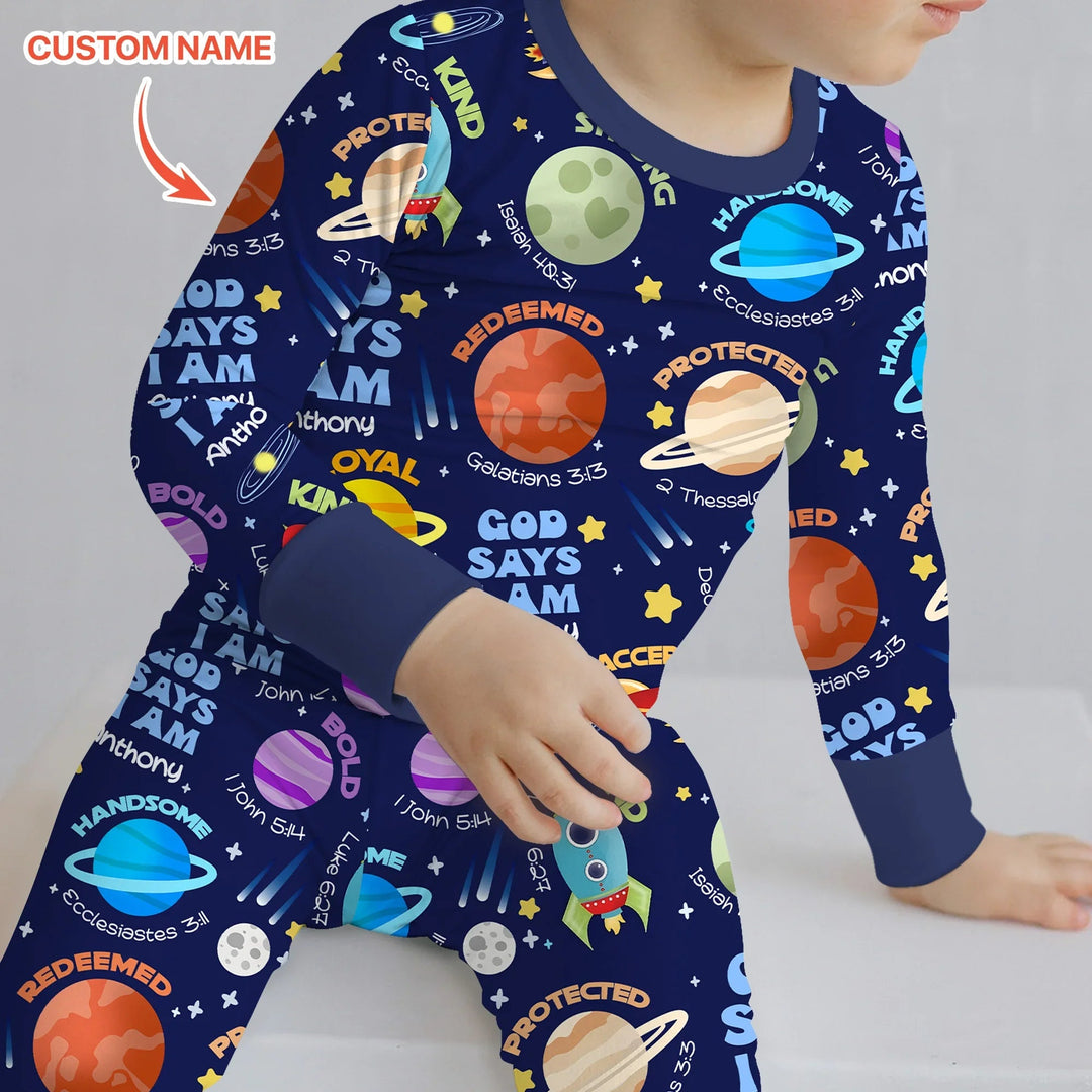 Space God Says I Am Custom Name Two Piece Long Sleeve Pajama Set - Zumbamboo