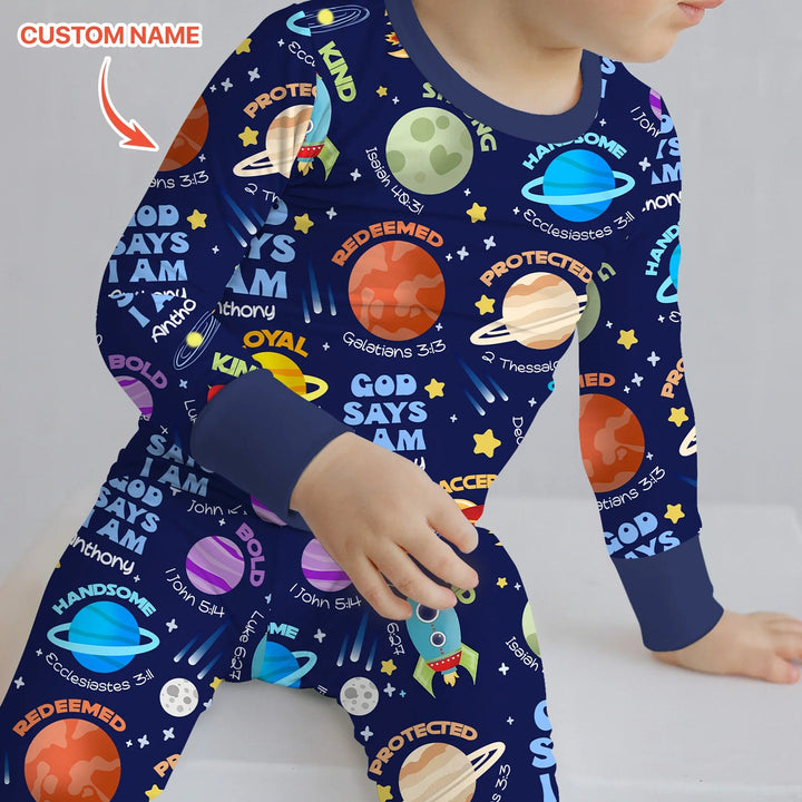 Space God Says I Am Custom Name Two Piece Long Sleeve Pajama Set - Zumbamboo