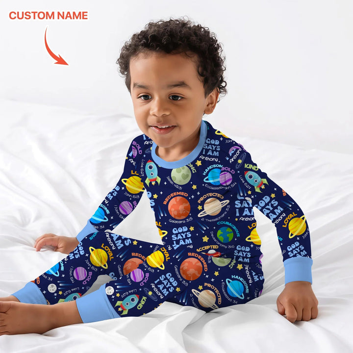 Space God Says I Am Custom Name Two Piece Long Sleeve Pajama Set - Zumbamboo