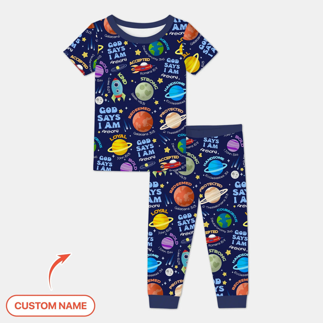 Space God Says I Am Custom Name Two Piece Short Sleeve Pajama Set - Zumbamboo