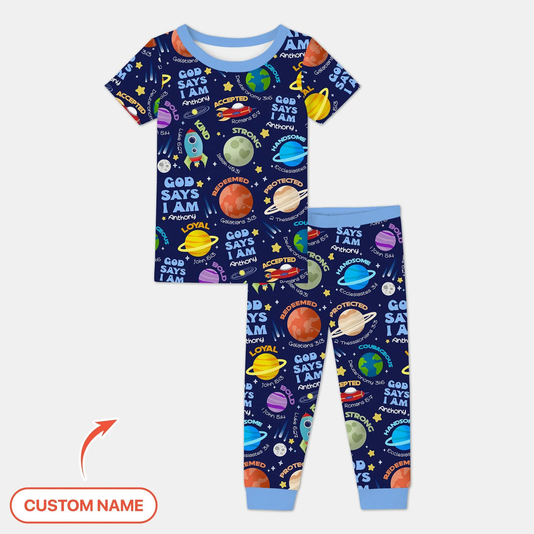 Space God Says I Am Custom Name Two Piece Short Sleeve Pajama Set - Zumbamboo
