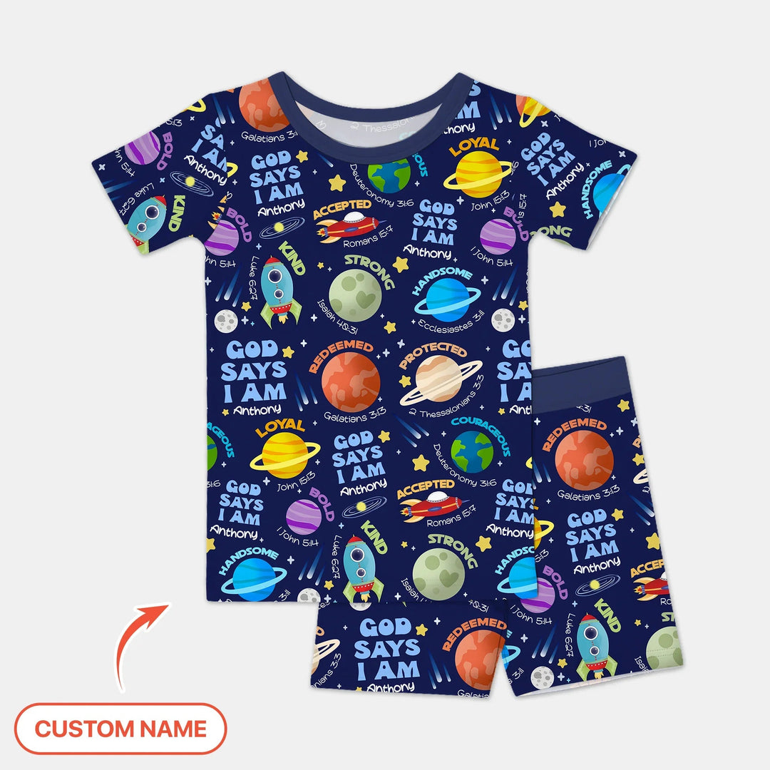 Space God Says I Am Custom Name Two Piece Short Sleeve Shorts Pajama Set - Zumbamboo