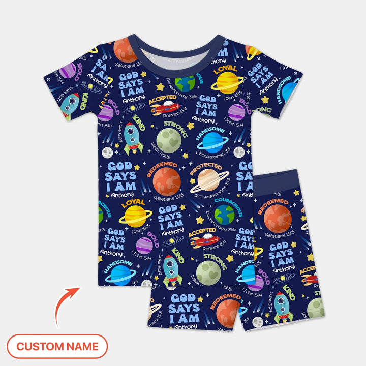 Space God Says I Am Custom Name Two Piece Short Sleeve Shorts Pajama Set - Zumbamboo