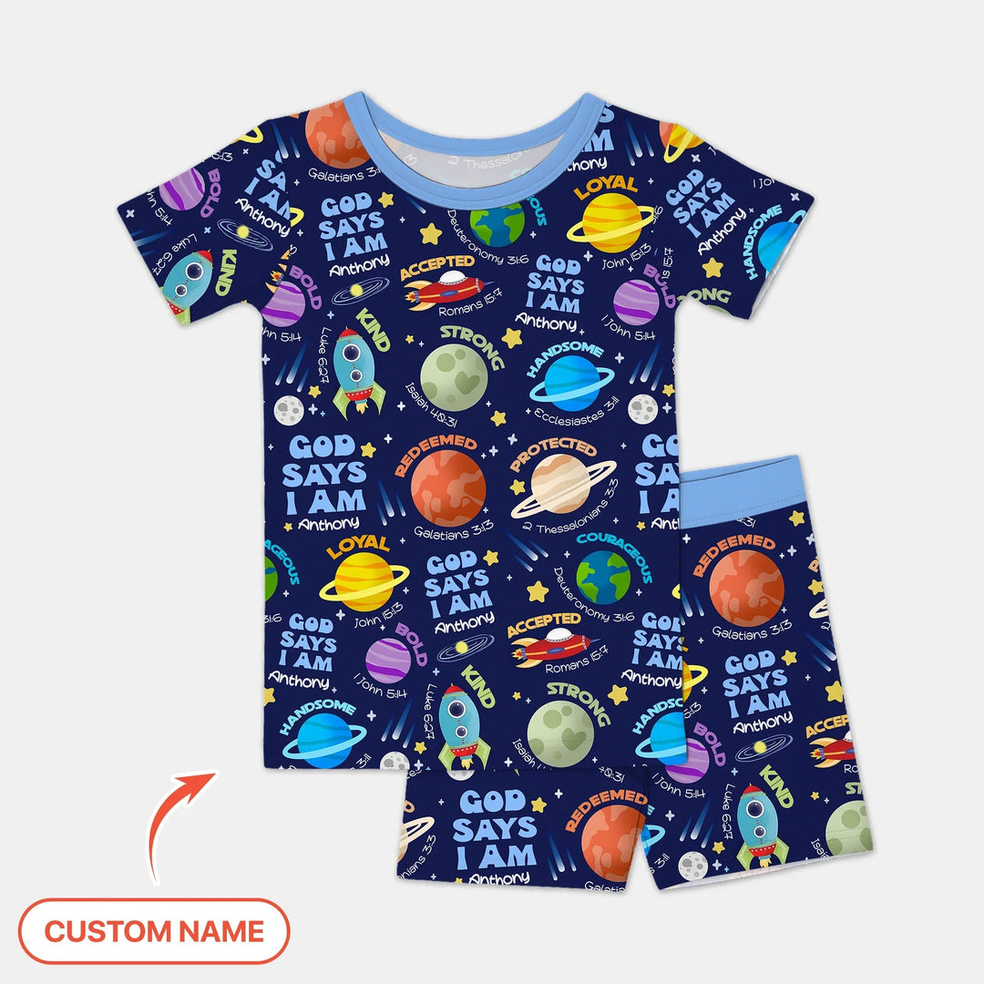 Space God Says I Am Custom Name Two Piece Short Sleeve Shorts Pajama Set - Zumbamboo