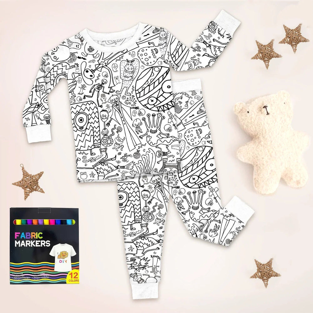 Spooky DIY Monster Colorable Halloween Two Piece Long Sleeve Pajama Set - Zumbamboo