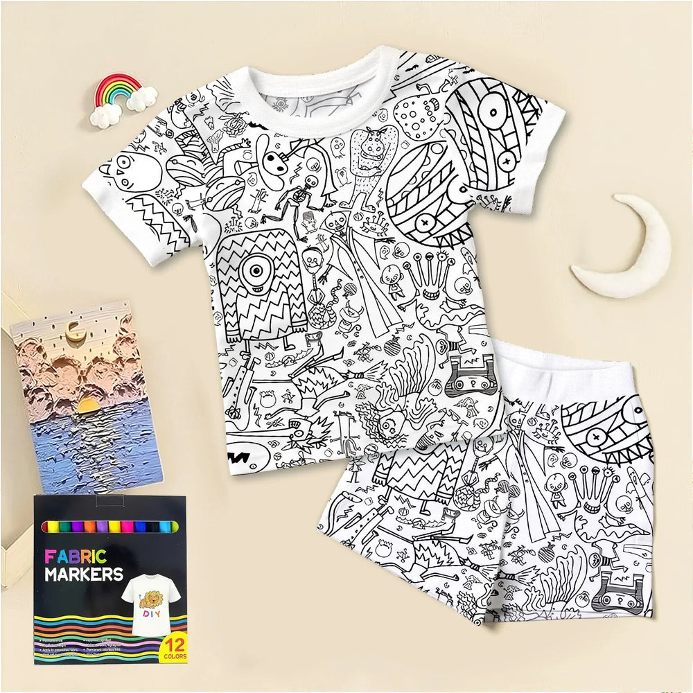 Spooky DIY Monster Colorable Halloween Two Piece Short Sleeve Shorts Pajama Set - Zumbamboo