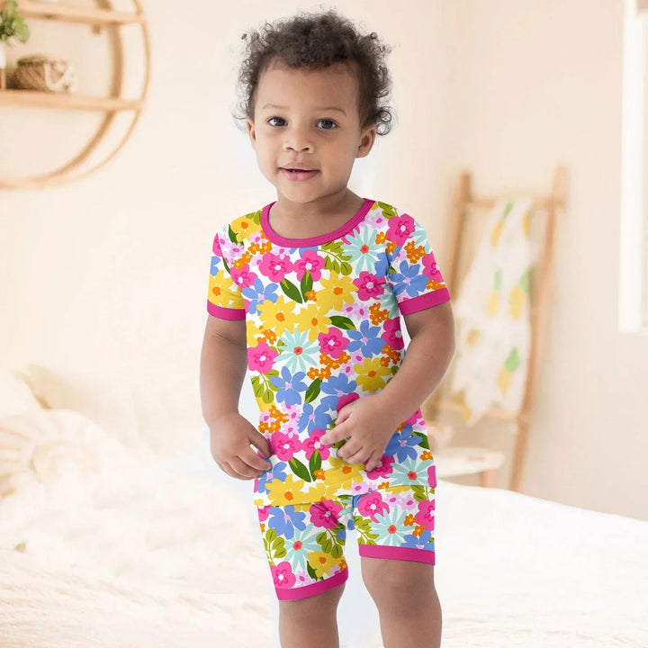 Summer Flowers Two Piece Short Sleeve Shorts Pajama Set - Zumbamboo