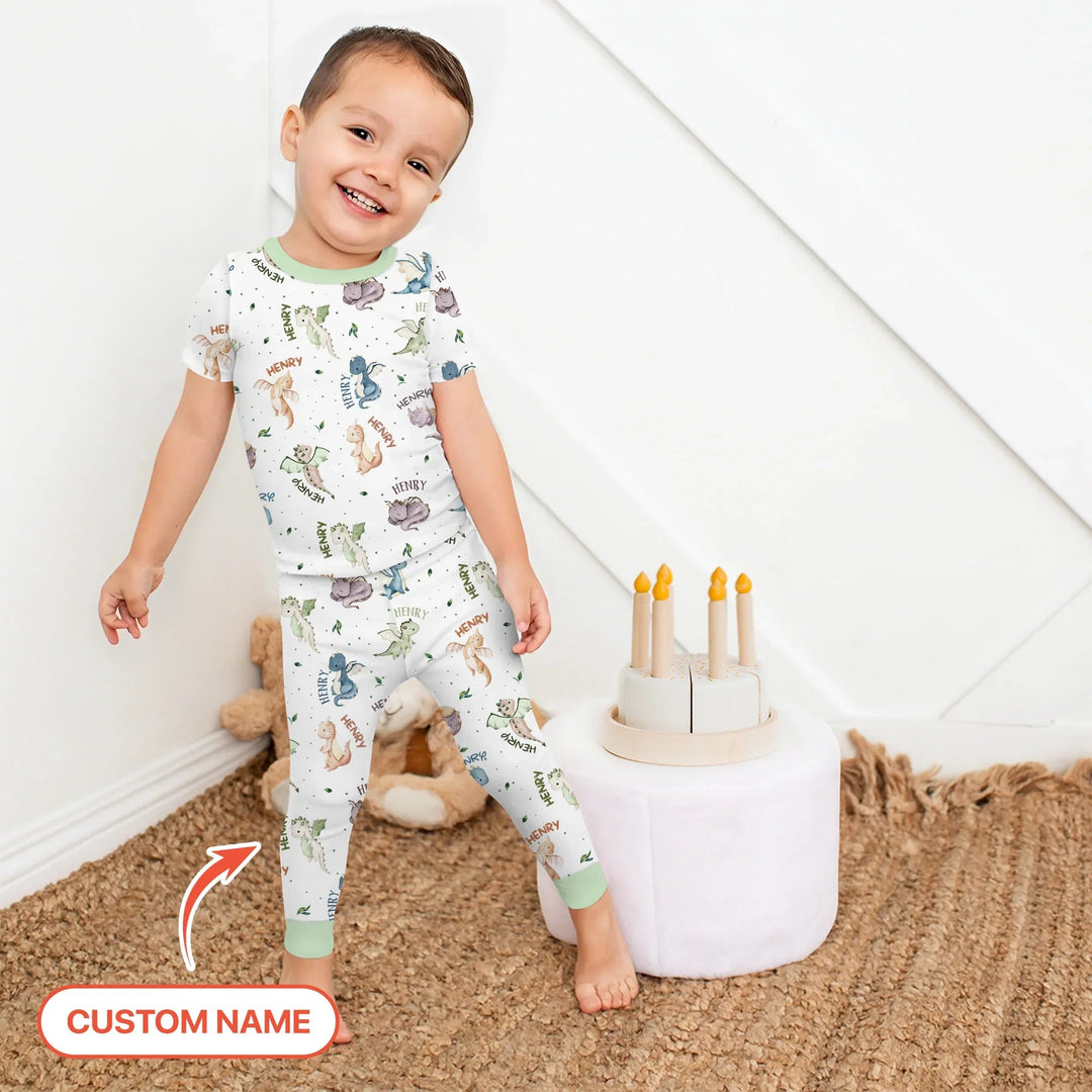 Sweet Baby Dragons Custom Name Two Piece Short Sleeve Pajama Set - Zumbamboo
