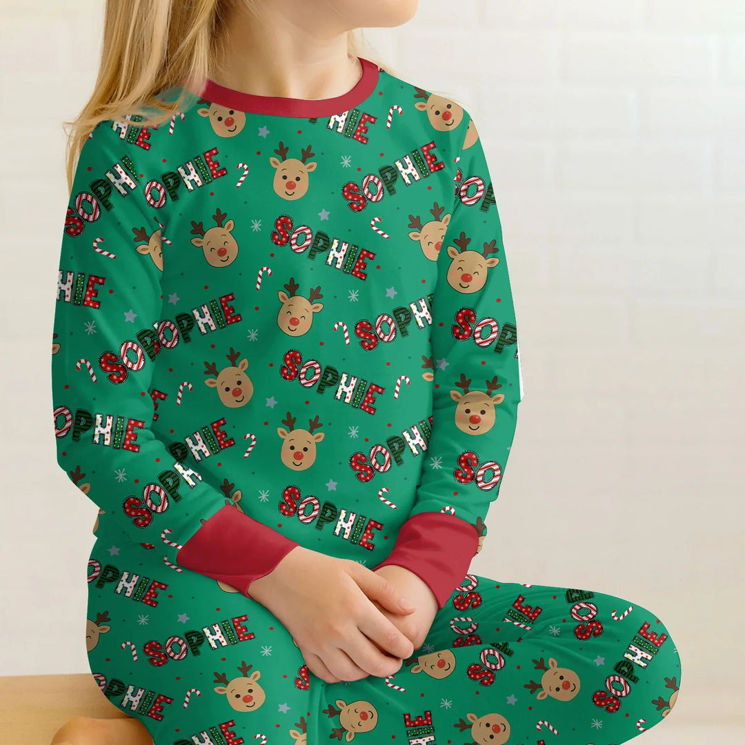 Custom Name Chrismas Cute Deer Two Piece Long Sleeve Pajama Set , Custom Name Chrismas Cute Deer Two Piece Long Sleeve Pajama Set - 12-18M