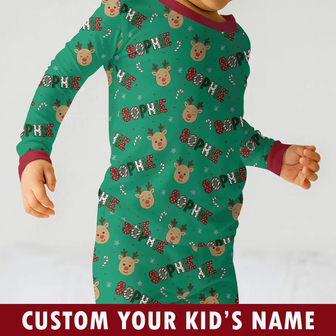 Custom Name Chrismas Cute Deer Two Piece Long Sleeve Pajama Set , Custom Name Chrismas Cute Deer Two Piece Long Sleeve Pajama Set - 12-18M