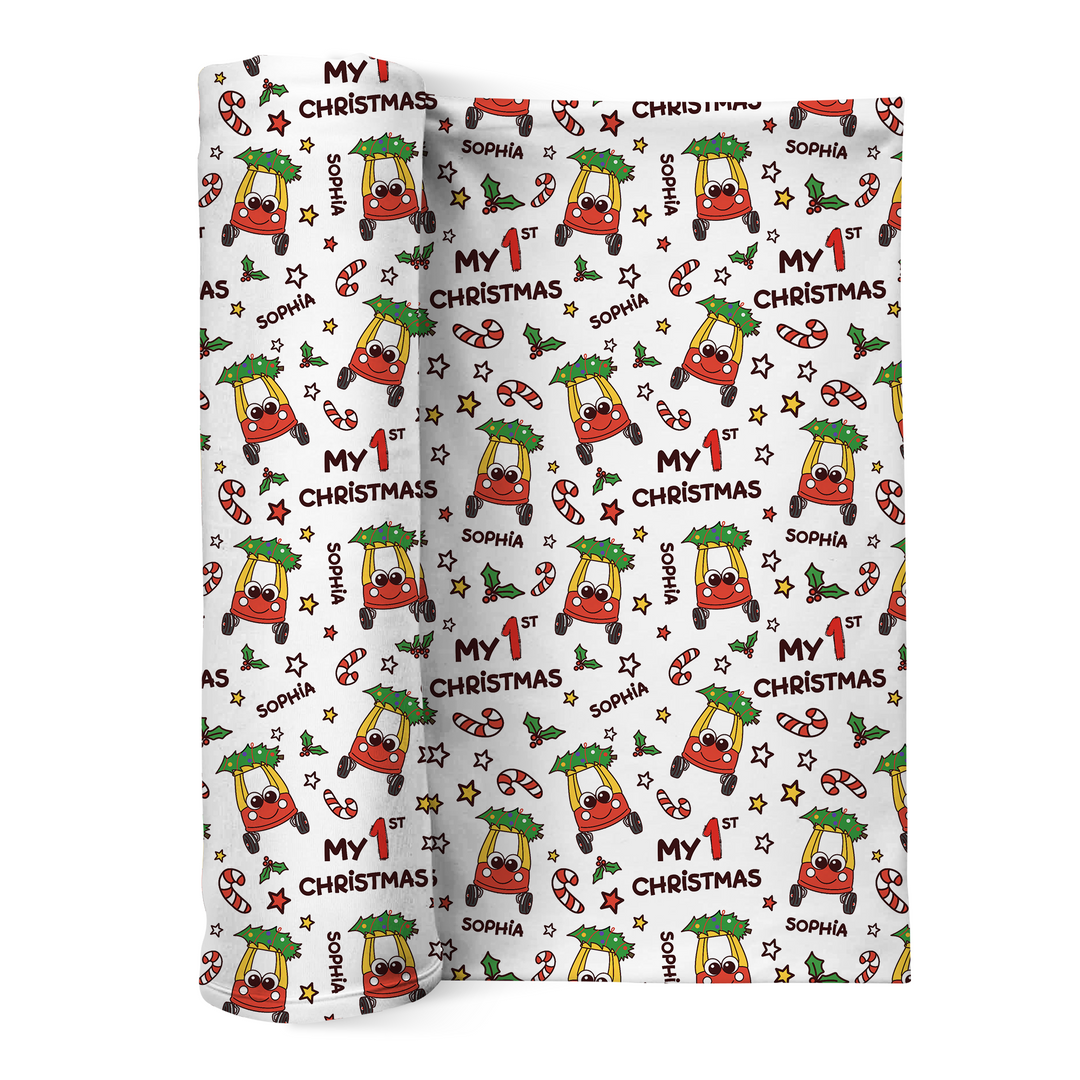 Custom Name Baby Car My 1st Christmas Swaddle Blanket
