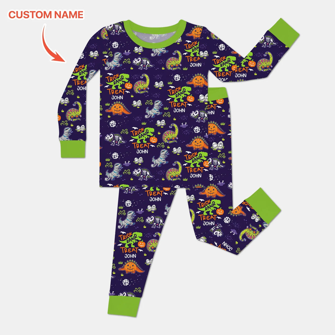 Trick Rawr Treat Custom Name Two Piece Long Sleeve Pajama Set - Zumbamboo