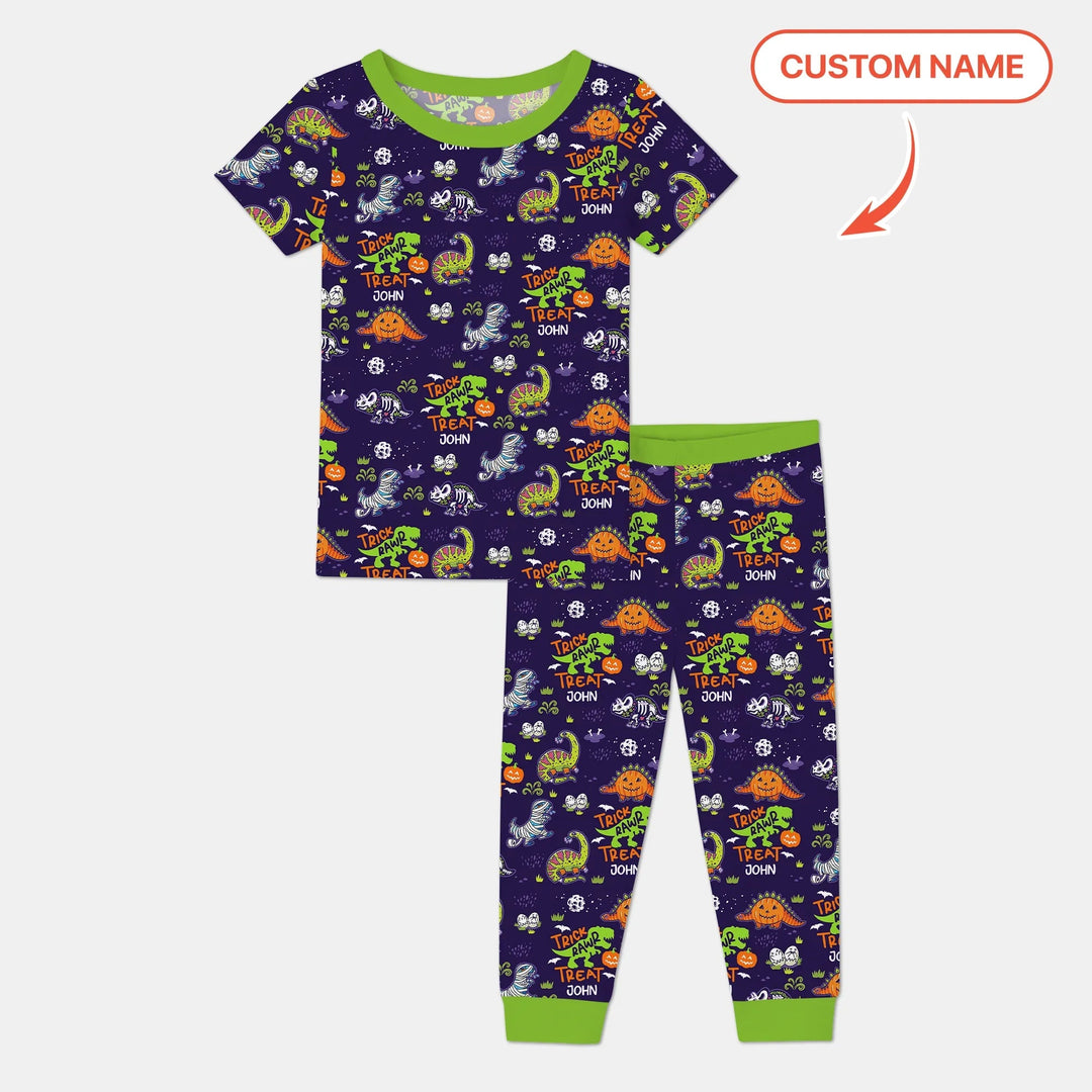 Trick Rawr Treat Custom Name Two Piece Short Sleeve Pajama Set - Zumbamboo